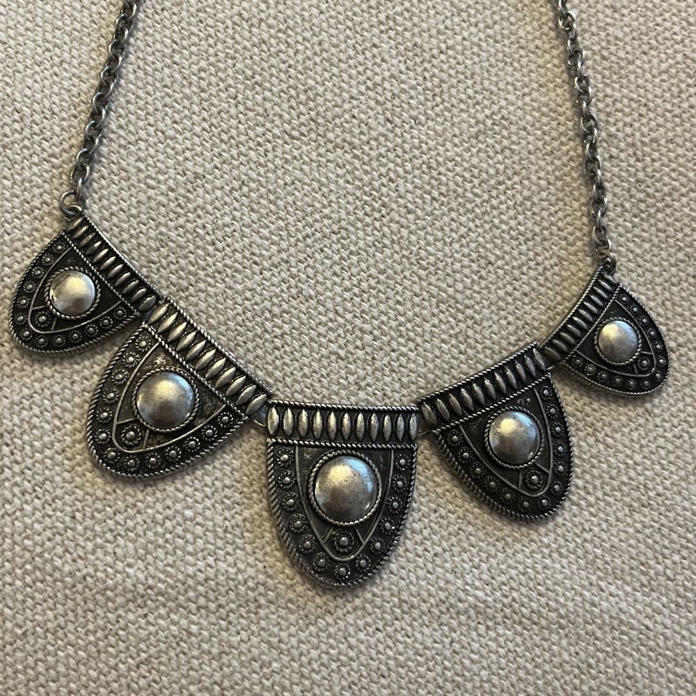 Viking-style bib necklace. Antique Silvertone statement piece.